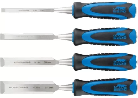 Набор долот-стамесок плоских 4шт 8-12-18-24 мм двухкомпонентная рукоятка металлический затыльник БАРС 24452 купить в Новом Уренгое