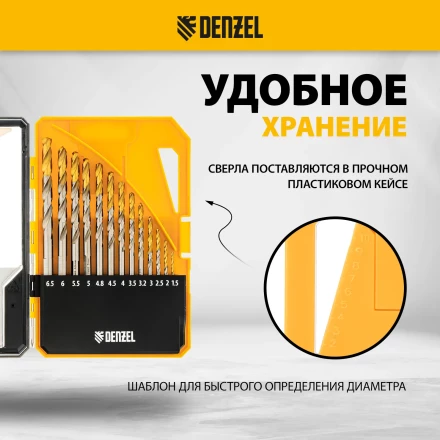 Набор сверл по металлу Denzel 723002, 1,5-6,5мм, Р6М5-TiN, Golden Tip, 13 шт купить в Новом Уренгое