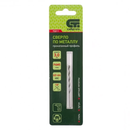 Сверло по металлу СИБРТЕХ 3 мм Р6М5 72211 купить в Новом Уренгое