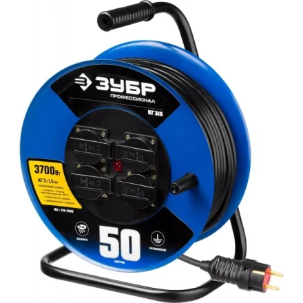 Удлинитель на катушке &quot;КГ 315&quot;, 50 м, 3700 Вт, 4 гнезда, IP44, КГ 3х1,5 кв мм, ЗУБР 55080-50 купить в Новом Уренгое