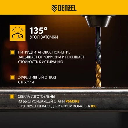 Набор сверл по металлу Denzel 723006, 1,5-6,5мм, Р6М5К8-TiN, Golden Tip, 13 шт купить в Новом Уренгое
