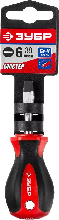 Отвертка ЗУБР "МАСТЕР", "STUBBY" ( бочка ), Cr-v, эргономичная двухкомпонентная рукоятка, SL6,0x38мм 25061-38-6.0_z02 купить в Новом Уренгое