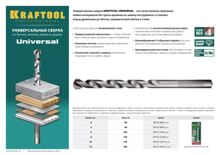 Сверло "UNIVERSAL" по бетону, металлу, дереву, KRAFTOOL PROFESSIONAL 29172-090-5, 5 х 90 мм 29172-090-5_z01 купить в Новом Уренгое
