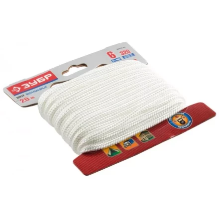 Шнур ЗУБР полиамидный, плетеный, повышенной нагрузки, без сердечника, белый, d 6, 20м 50320-06-020 купить в Новом Уренгое