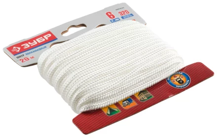 Шнур ЗУБР полиамидный, плетеный, повышенной нагрузки, без сердечника, белый, d 6, 20м 50320-06-020 купить в Новом Уренгое