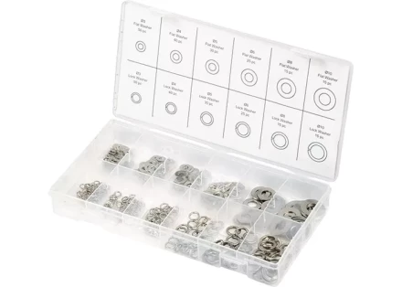Набор шайб и гроверов D ш.: 3, 4, 5, 6, 8, 10 мм D г.: 3, 4, 5, 6, 8, 10 мм 350 предметов СИБРТЕХ 47614 купить в Новом Уренгое