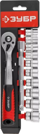 Набор ЗУБР &quot;МАСТЕР&quot;: Торцовые головки (3/8&quot;) на пластиковом рельсе, трещотка, удлинитель, Cr-V, 10-19мм, 12 предметов 27646-H12 купить в Новом Уренгое