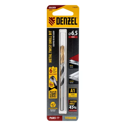 Сверло спиральное по металлу Denzel 6,5 x 93мм, Р6М5, Golden Tip, многогранная заточка, 718279 купить в Новом Уренгое