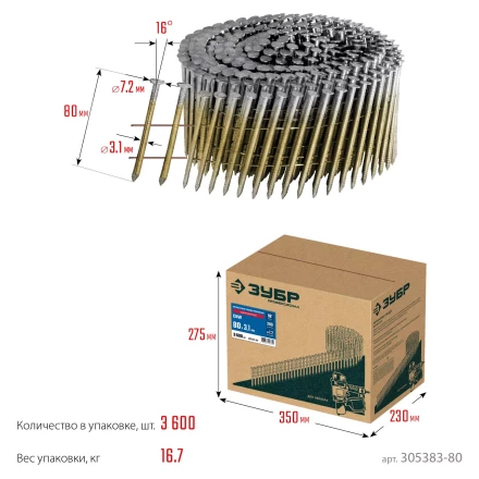 ЗУБР CNW 80 х 3.1 мм, барабанные гвозди рифленые оцинкованные, 3600 шт (305383-80) купить в Новом Уренгое